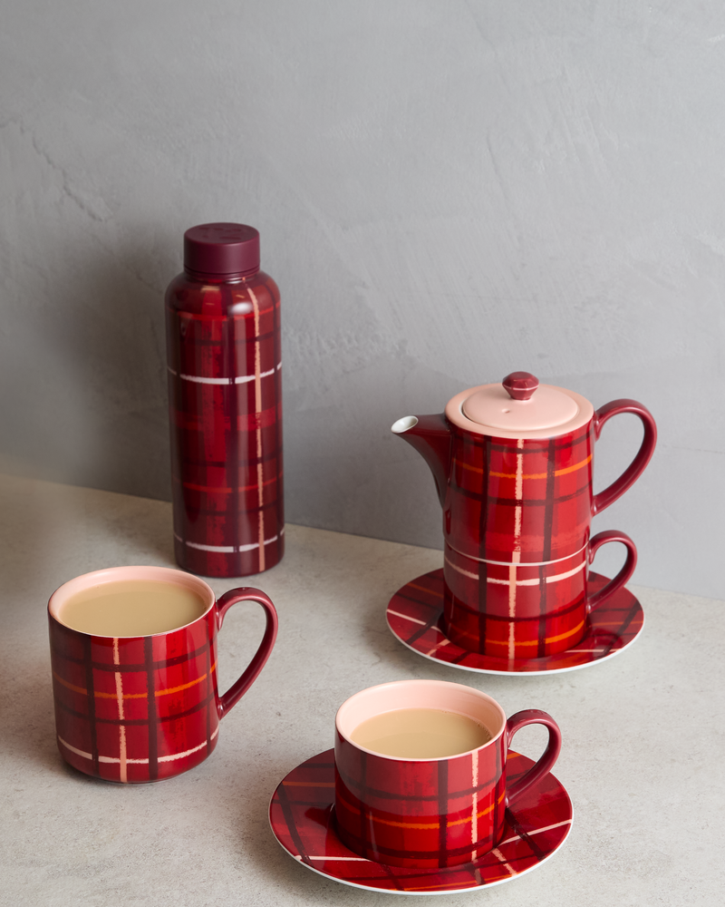 Plaid & Pour Red Cup & Saucer